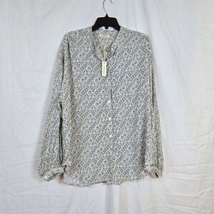 Max Studio Women Black Ivory Floral Ruffle Long Sleeve Prairie Button Top XL NWT